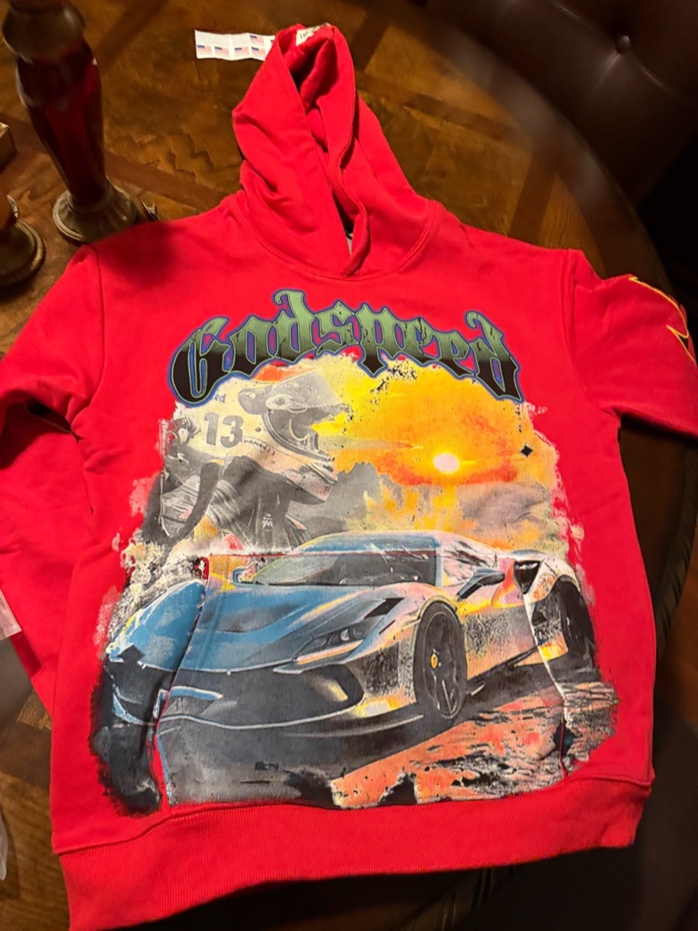 Kids Red Graphic Hoodie with Race Car Print. “Godspeed brand”